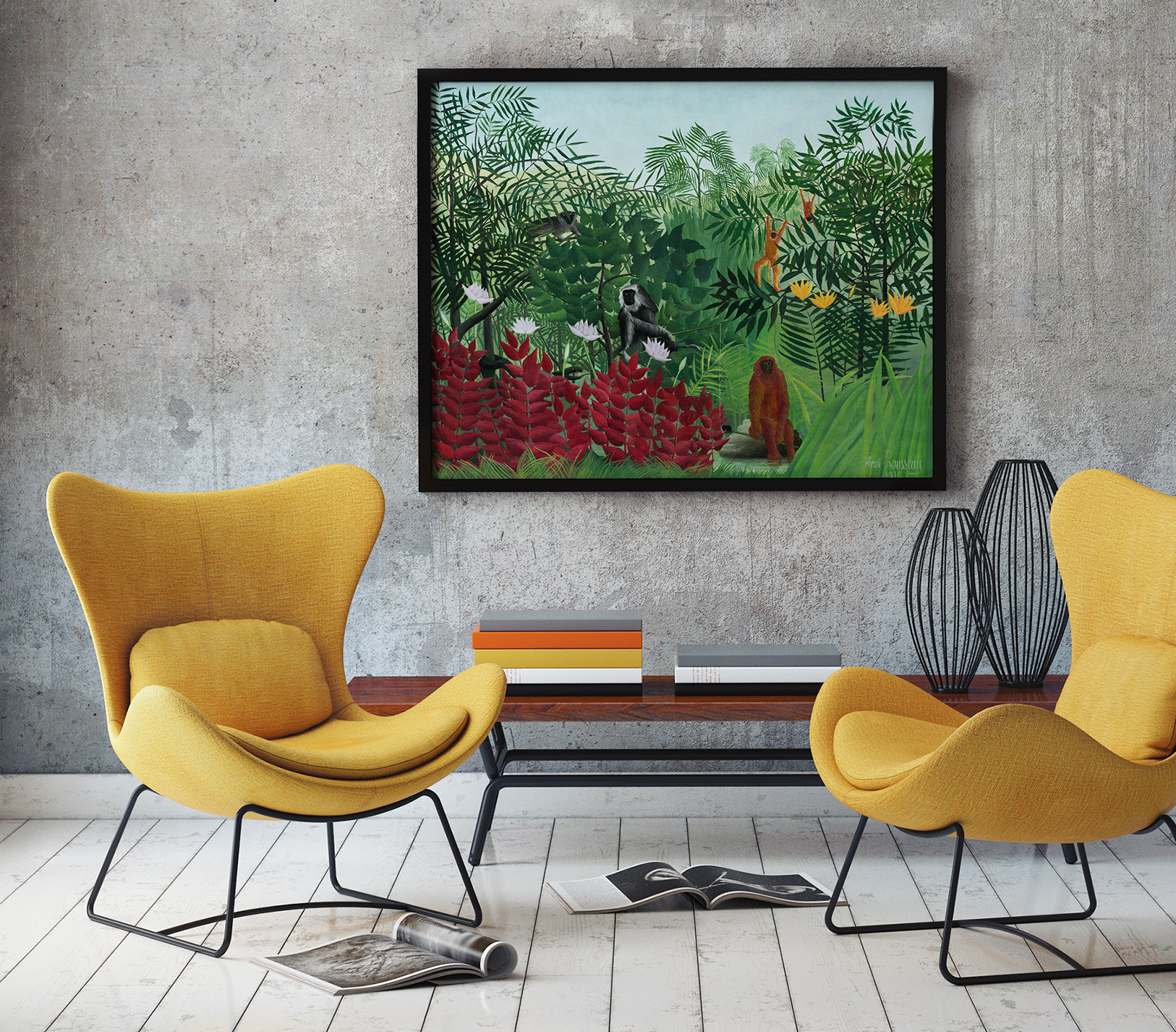 Tropical Forest with Monkeys, 1910, by Henri Rousseau, in a room setting