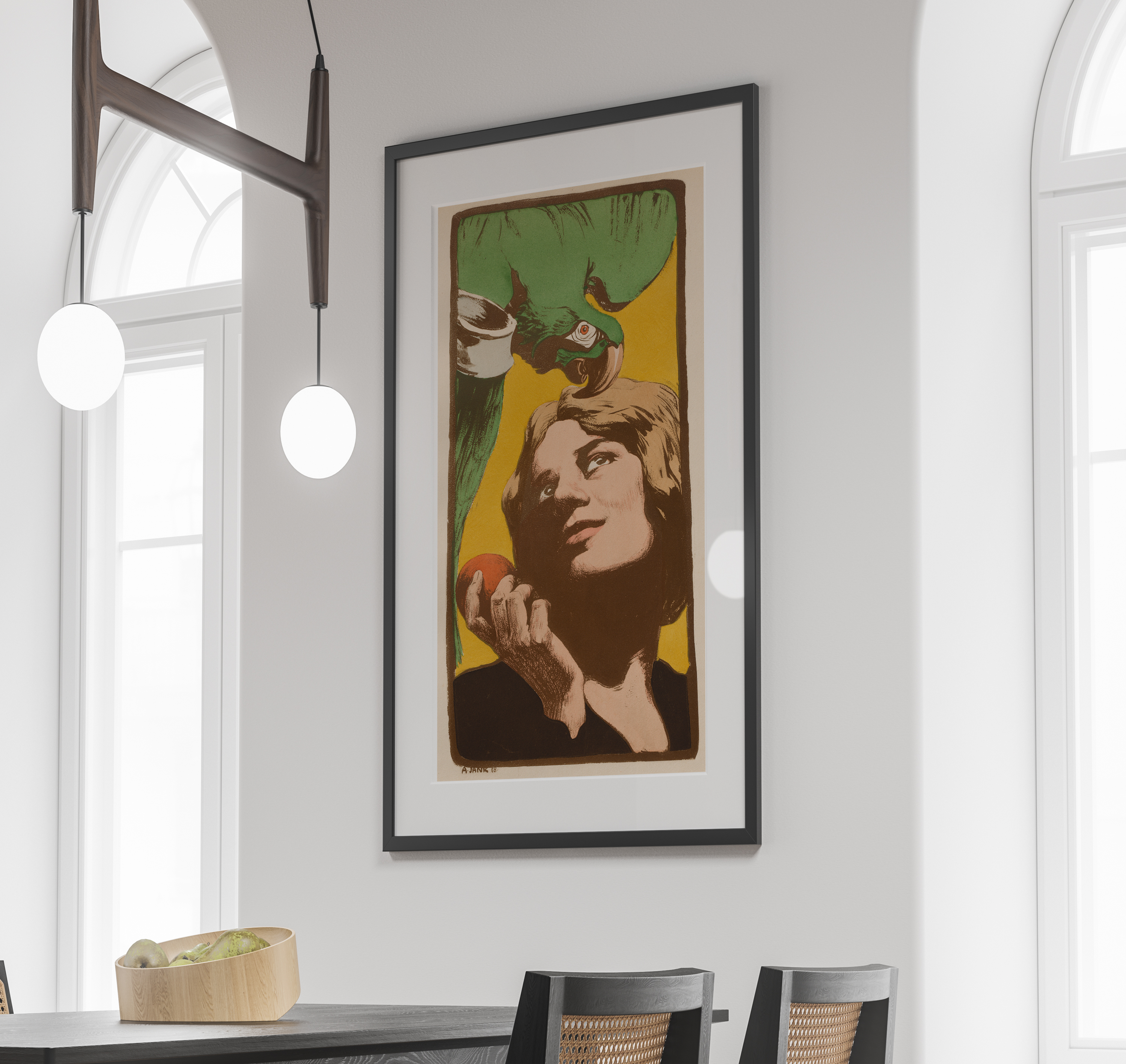 La Femme au Perroquet, 1898, by Angelo Jank, in a room setting