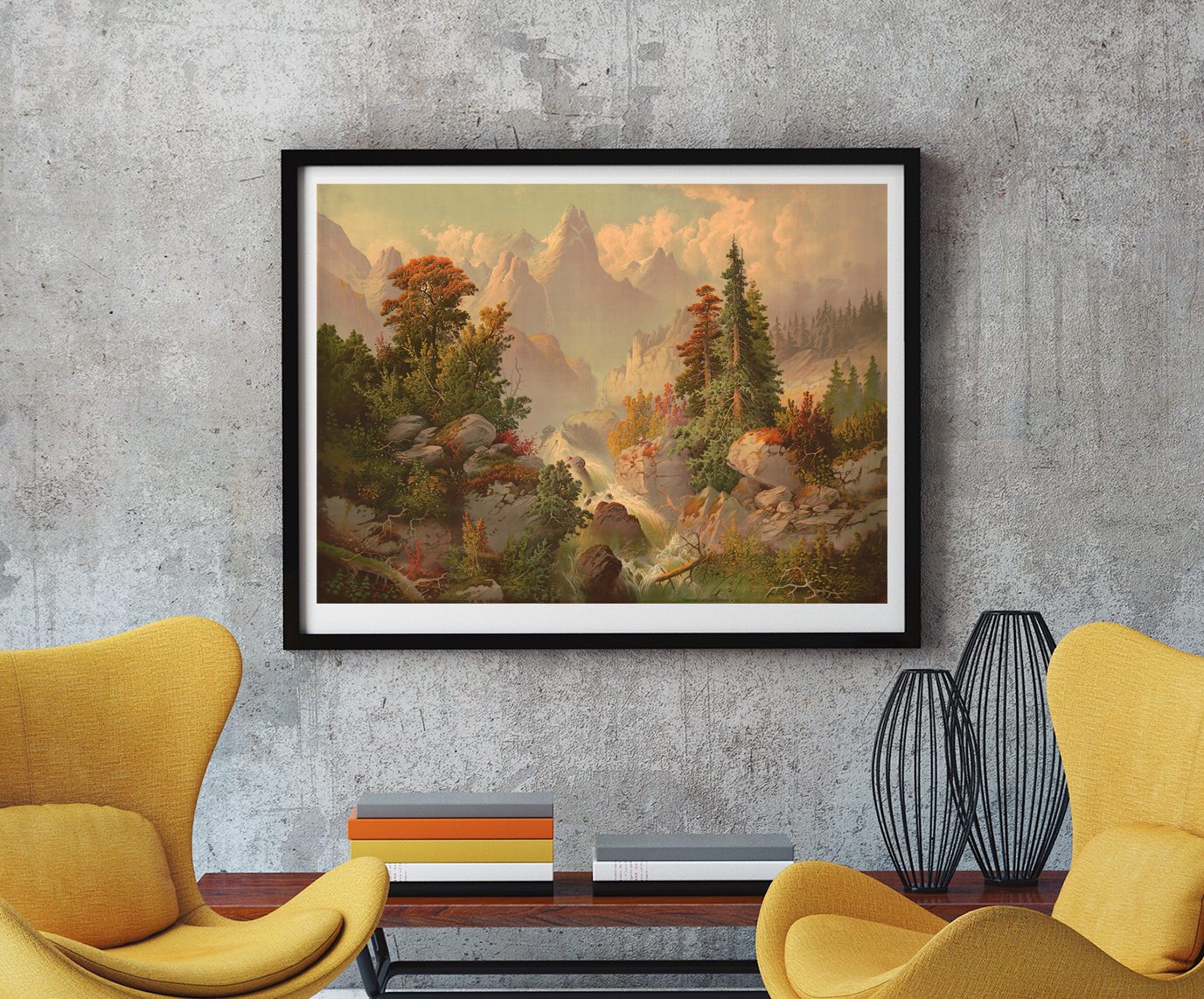 Cascade in the Rocky Mountains, c.1879, framed in a room setting