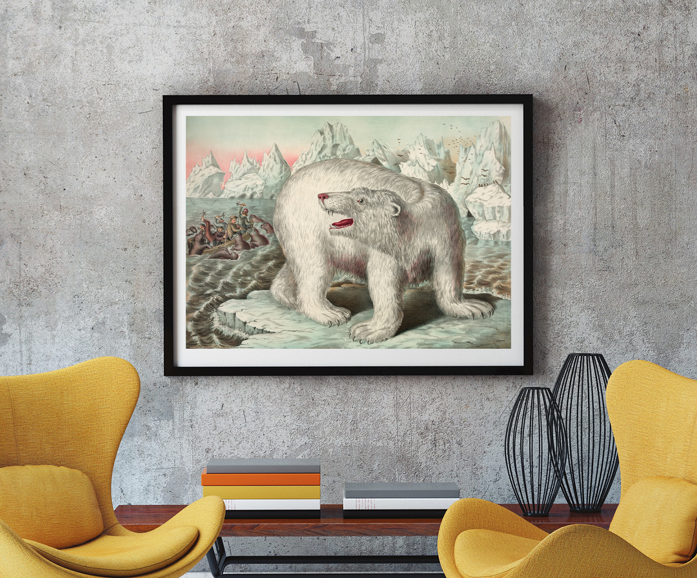 Polar Bear, chromolithograph, framed in a room setting
